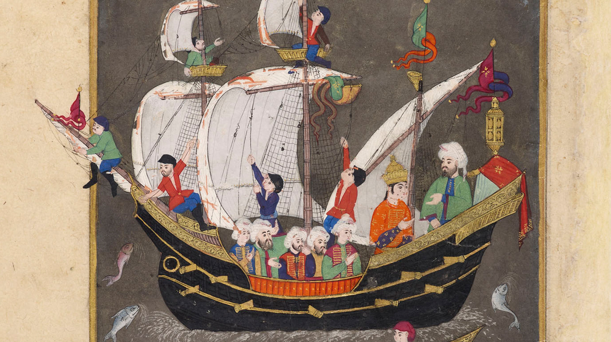 In a manuscript painting from 16th-century Turkey, sailors adjust pulleys and masts on a sailboat at sea.